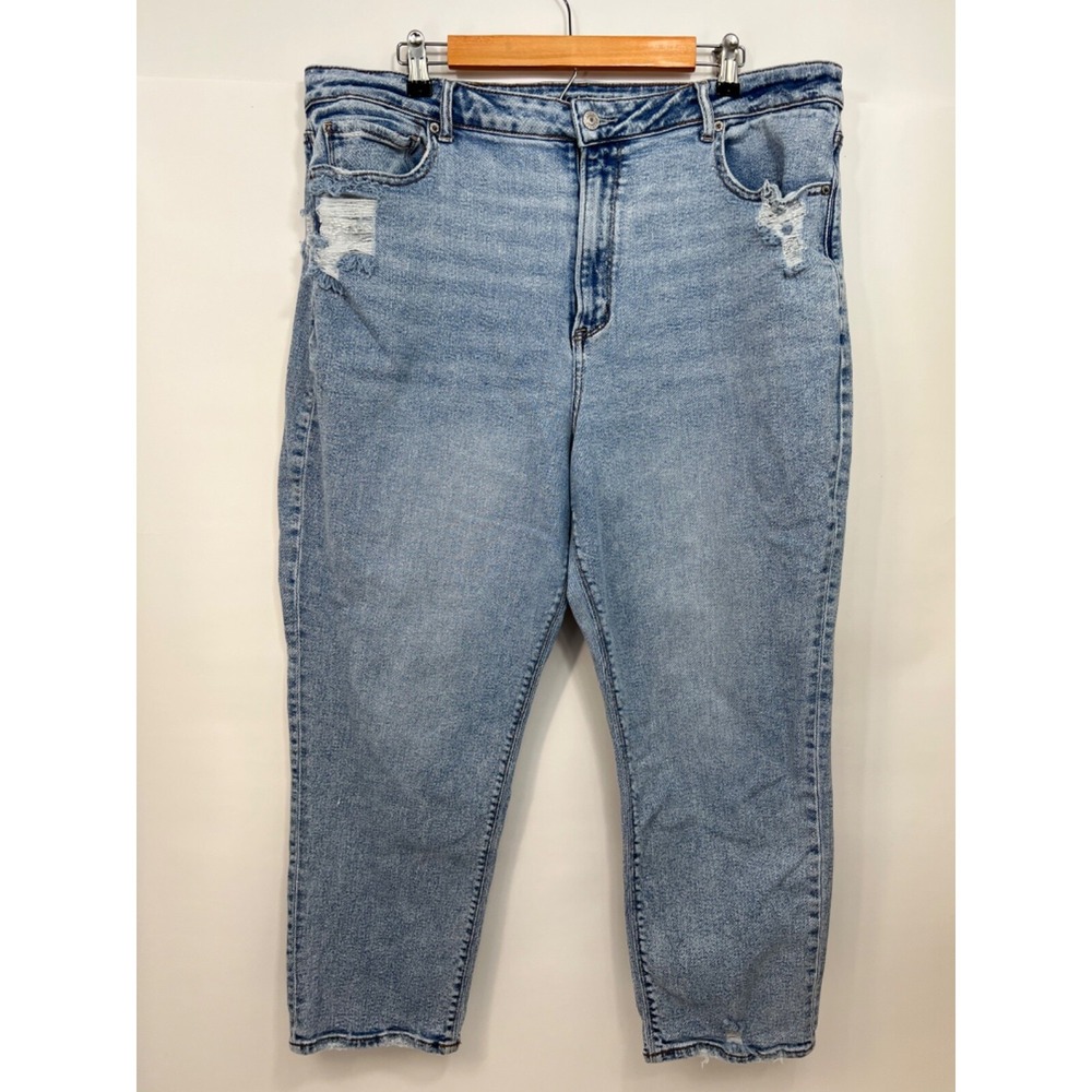 American Eagle Hi-Rise Jeans Long Light Wash Destroyed Ripped Size 20